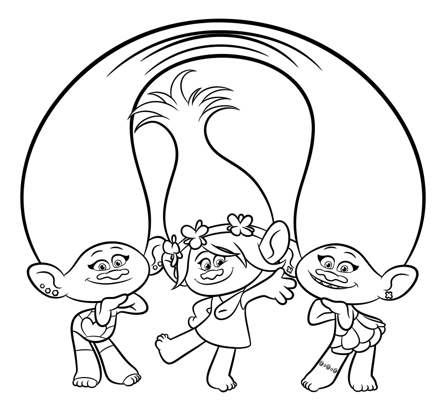Раскраска - Тролли - Сатинка, Розочка и Синелька | MirChild