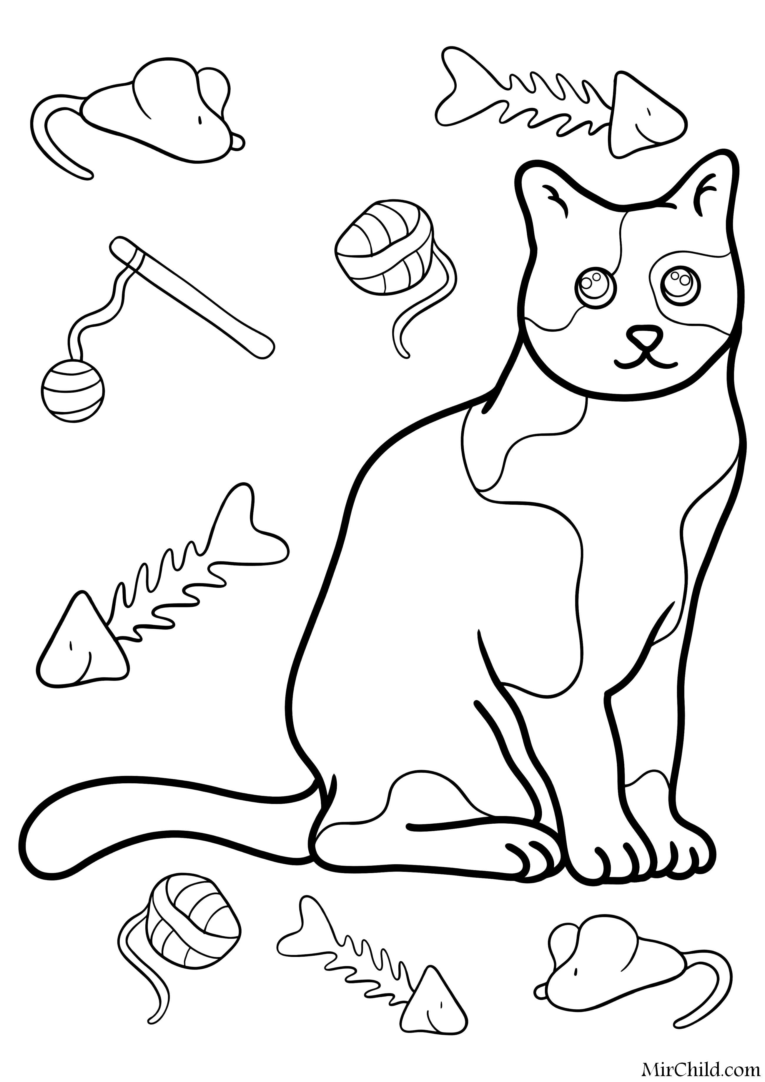 Раскраска - Коты - Кот с игрушками и едой | MirChild